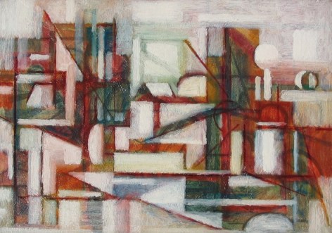 Image of sold geometric abstract oil painting by Maurice Golubov entitled &quot;Winter Landscape&quot; in reds, greens whites..