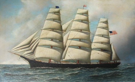 Image of sold oil painting by Antonio Jacobsen entitled of the sailing ship Young America at full sail with an American flag flying.