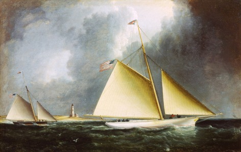 Image of James E. Buttersworth untitled sold oil painting of two yachts racing with full sails toward the right of the frame.