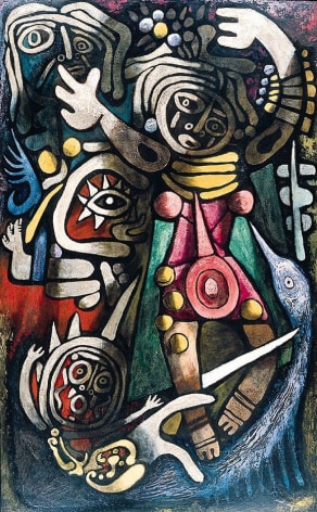 Image of abstract tempera painting entitled &quot;Ceremonial Dancers&quot; by Julio De Diego showing multiple figures in colorful clothes.