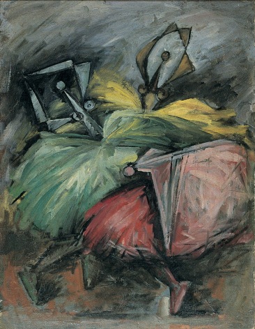 Image of abstract &quot;Ballerinas&quot; painting by artist Hans Burkhardt showing three ballerinas in green, yellow and pink tutus.