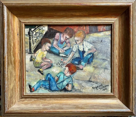 Frame view image of untitled oil painting by Eugene Schein showing children playing jacks on a sidewalk.