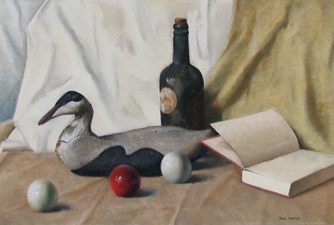 Image of Paul Sample's oil painting titled &quot;The Wood Decoy&quot; showing a still life of three pool balls, book, bottle of wine and a wooden duck decoy.