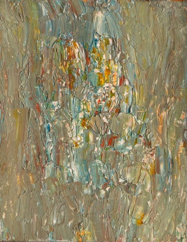 Image of untitled 1958 Shirley Goldfarb abstract painting with greens, blues, and other colors thickly applied on the canvas.