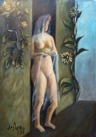 Image of oil painting of nude girl, covered in a sheer vail in doorway by Julio De Diego.