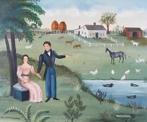 Image of sold painting depicting a young couple in old-fashioned clothes in a bucolic farmyard  setting by Martha Cahoon.