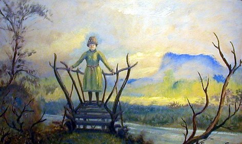 Image of sold oil painting depicting a woman wearing a green dress standing on a wooden bridge by Louis Eilshemius.