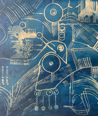 Image detail of the blueprint in &quot;Blueprint of the Future&quot; painting by Julio De Diego.