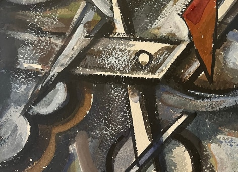 Closeup image of John Von Wicht's gouache abstract painting &quot;Conflict.&quot;