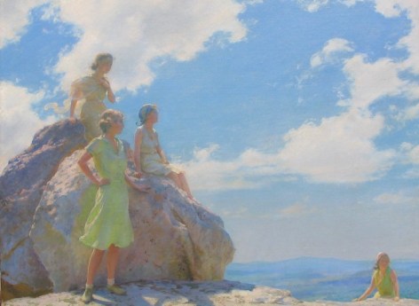 Image of Charles Courtney Curran's sold oil painting showing four young women at the top of Bear Cliff looking out at a blue sky with clouds..
