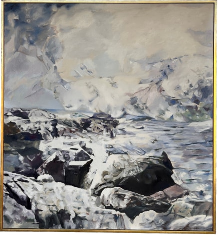 Image of gold colored frame on 1963 Wind, Ocean, Sun oil painting by Balcomb Greene.