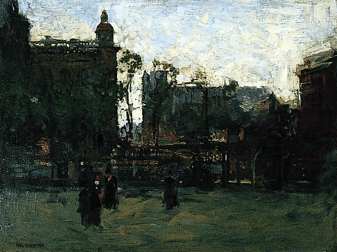 Image of sold oil painting by Paul Cornoyer showing an impressionist view of Madison Square with several dark figures in NYC.