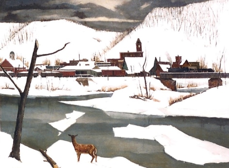 Image of sold oil painting by Paul Sample entitled &quot;Winter Visitor&quot; showing a deer standing in snow, looking across an icy river toward a town.