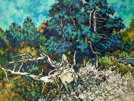 Oil painting of Preble Cove on Cranberry Island by Easton Pribble showing trees, stumps and rocks.