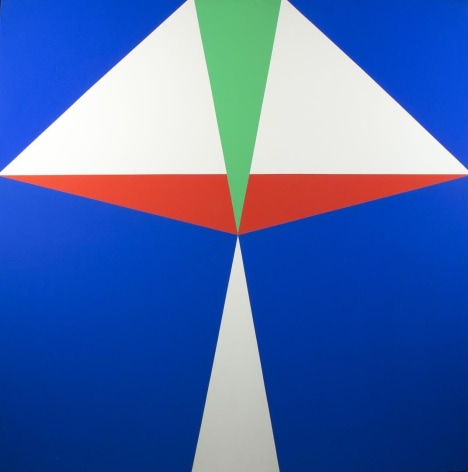 Image of sold untitled geometric abstract oil painting by Onni Saari in blue, red, white and green.