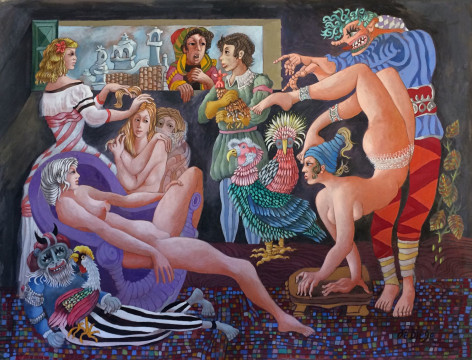 Image of tempera and watercolor painting entitled &quot;Christmas Turkey &amp; the General's Daughter&quot; by Julio De Diego showing nude and clothed figures with several imaginary birds.