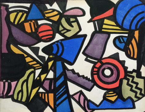 Image of Jay Van Everen's abstract painting entitled "Synchromist Abstraction" in primary and secondary colors, outlined in black.