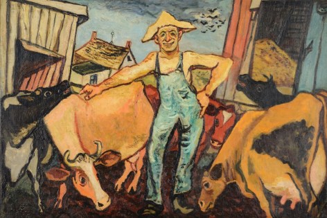 Image of oil painting by Gregorio Prestopino entitled "The Happy Farmer" depicting a farmer in overalls and a hat surrounded by five cows. .