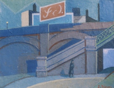 Image of Ernest Fiene's sold painting &quot;Steps Up the Bridge&quot; showing a modernist city scene with a lone figure near the bottom of a set of stairs.