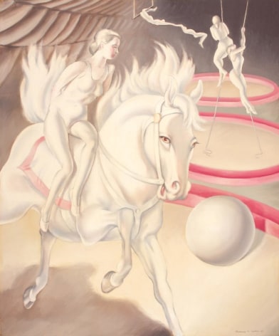 Image of Clarence Holbrook Carter's modernist 1930 painting titled &quot;Circus Scene&quot; showing a bareback rider and several areal artists
