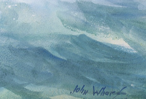 Image signature on watercolor painting of leaping marlin fish in front of the boat Islander, which is filled with fishermen by artist John Whorf.
