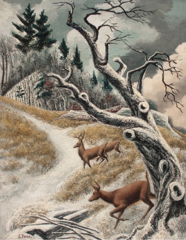 Image of Ernest Fiene's sold painting &quot;January&quot; showing three deer walking through a wooded hillside with snow on the ground.
