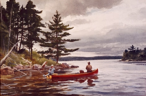 Image of sold watercolor by Ogden Pleissner showing two men in a red boat with a small outboard motor, casting out fishing lines on Grand Lake.