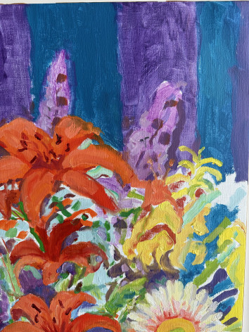 Image of detail on still life oil painting of a blue vase with orange lilies and blazing star flowers by Nell Blaine.
