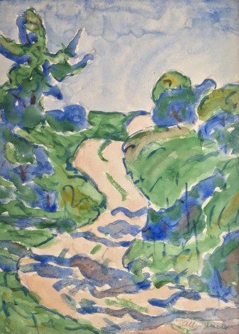 Image of sold Allen Tucker 1927 watercolor of a country lane in beige, blue and green.