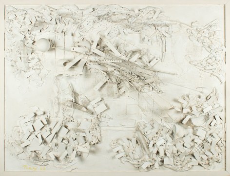 Image of abstract oil and metal artwork titled &quot;Construction&quot; by Lloyd Ney in white.