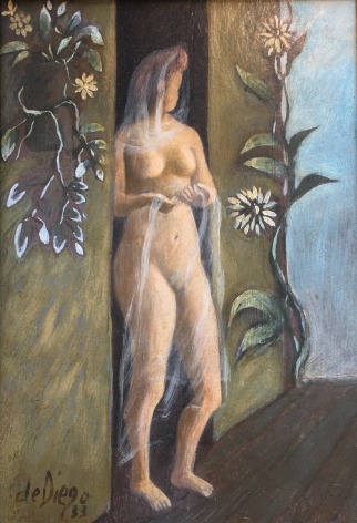 Image of &quot;Girl in Doorway&quot; painting by by Julio De Diego showing a nude woman with a sheer veil over her standing in a doorway.