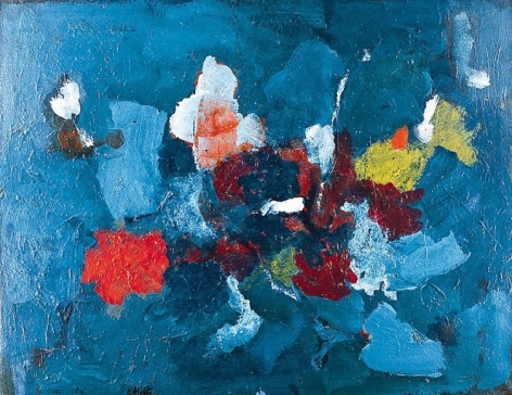 Image of John Von Wicht abstract oil painting in blues and red entitled &quot;Deep as Night&quot;.