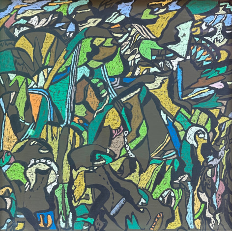 Image of Fred Martin's 1971 abstract modernist pastel and acrylic painting "Spring Landscape" in breens, blues and browns.