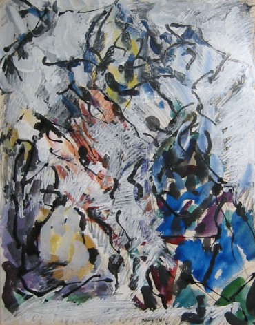 Image of sold 1964 painting entitled &quot;Superbanger&quot; by Jean Paul Riopelle showing an abstraction in blues, greens, black, reds, white and black..