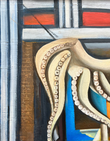 Closeup image of detail from Reflections on Crete painting by Beatrice Wose Smith showing an octopus hanging to dry.