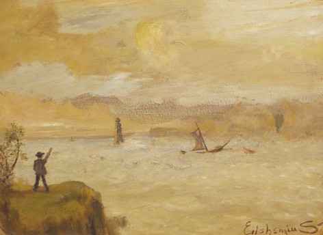 Image of sold painting by Louis Eilshemius entitled &quot;Farewell&quot; showing a figure on the shore waving to a boat at sea.