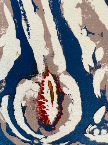 Closeup image of untitled (012) abstract lithograph bynHans Burkhardt in blue, beige and red.