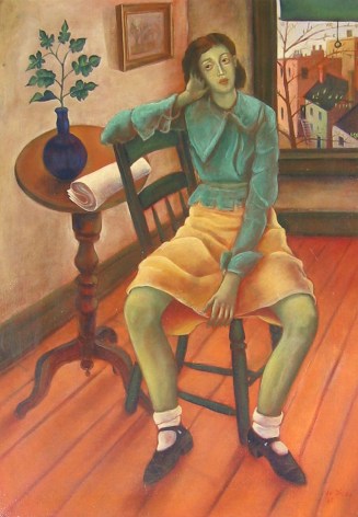 Image of sold modernist oil painting of girl with green skin sitting on a chair in an interior by Julio De Diego.