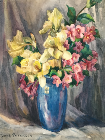 Image of sold watercolor painting by Jane Peterson of a blue vase filled with yellow irises and pink weigela.