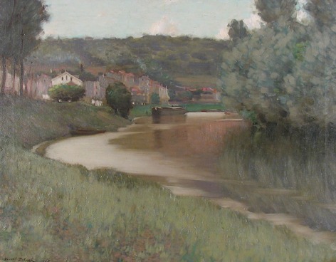 Image of &quot;River Scene&quot; painting by artist Edward Dufner depicting a green riverbank and brownish river winding towards some houses in the distance.