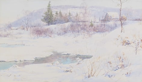Image of sold Walter Launt Palmer 1898 painting snowy river and bank with a house in the distance.