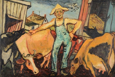 Image of oil painting by Gregorio Prestopino titled &quot;The Happy Farmer&quot; showing a farmer in overalls standing amidst five cows.