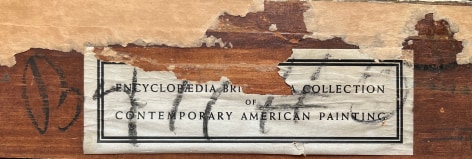 Closeup image of Encyclopedia Britanica label verso fragment on William C. Palmer's painting &quot;Fish Story&quot;.