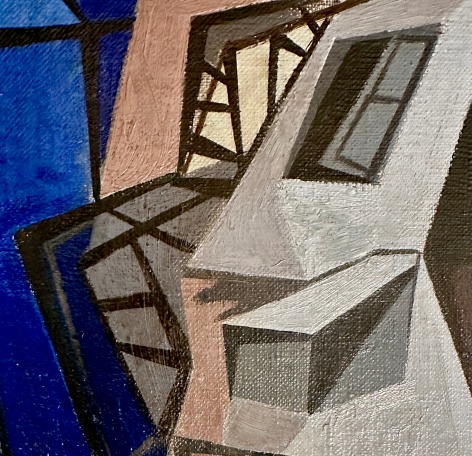 Closeup image of a detail from the painting &quot;Environs of a Bridge&quot; by Seymour Franks.