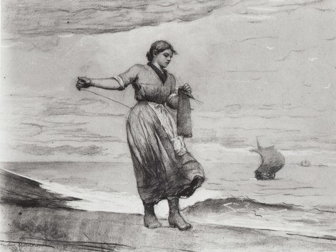 Image of sold charcoal by Winslow Homer showing a fisher girl knitting by the sea.
