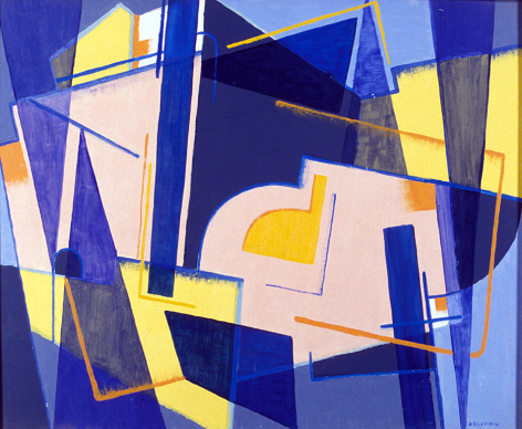 Image of sold untitled abstract oil painting in blues, yellow and pink colors by Roger Selchow.