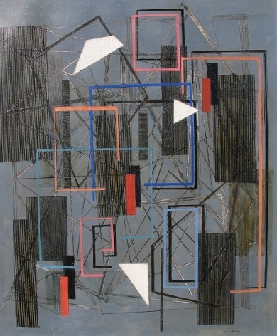 Image of Irene Rice Pereira's untitled abstract painting of triangles and other geometric forms on a gray background.