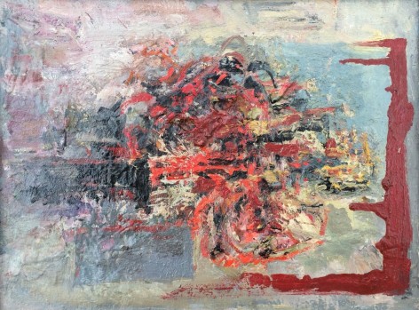 Image of abstract oil painting entitled &quot;flowers and tears&quot; by Hans Burkhardt depicting thickly applied paint in reds, oranges, black, grey, yellow and soft pinks.