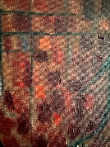 Image of detail of &quot;Transition&quot; abstract oil painting by Joseph Meert in muted reds, blues, yellows and other colors.