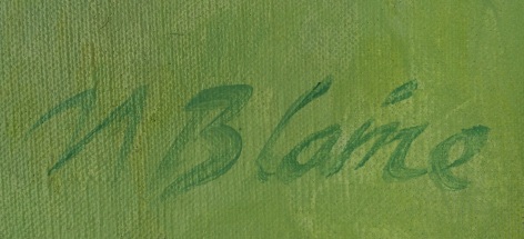 View of signature on &quot;Bouquet of Peonies and Empire Lily&quot; painting by Nell Blaine.